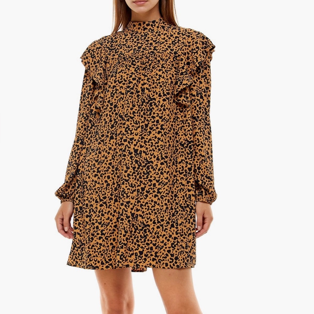 WAYF Pierce Leopard Print Long Sleeve Mock Neck Minidress